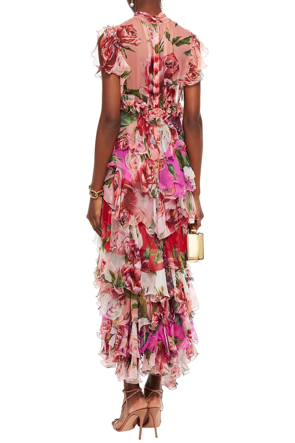 DOLCE&GABBANA Pussy-bow tiered floral-print silk-chiffon midi dress