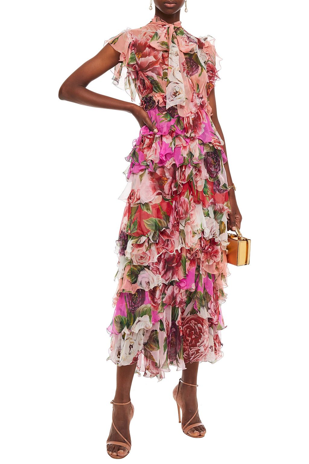 DOLCE&GABBANA Pussy-bow tiered floral-print silk-chiffon midi dress