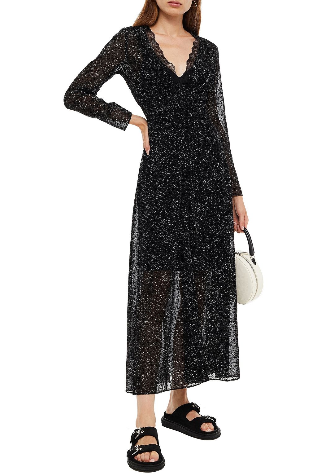 MAJE Lace-trimmed printed flocked georgette midi dress