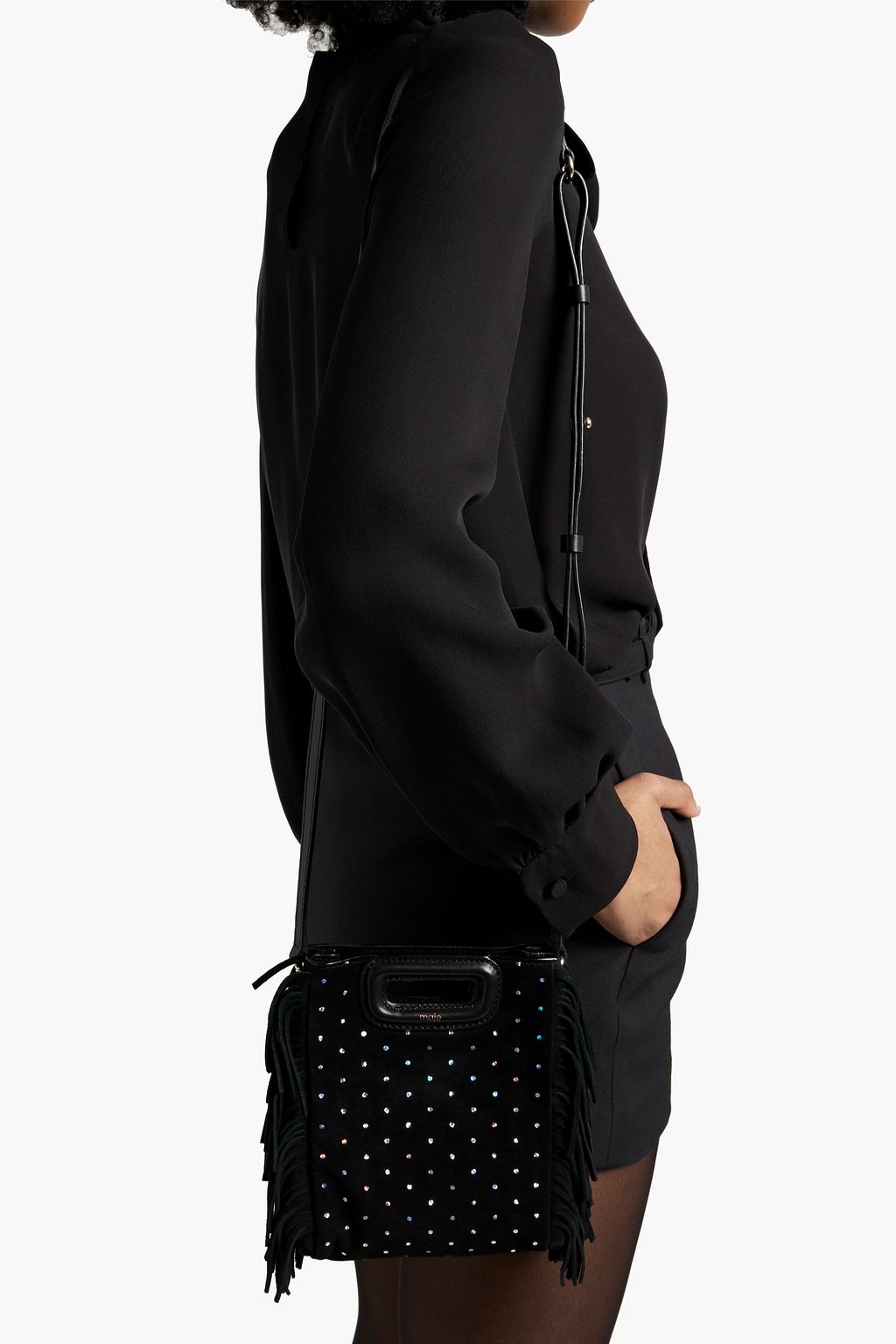 MAJE Crystal-embellished fringed polka-dot suede shoulder bag