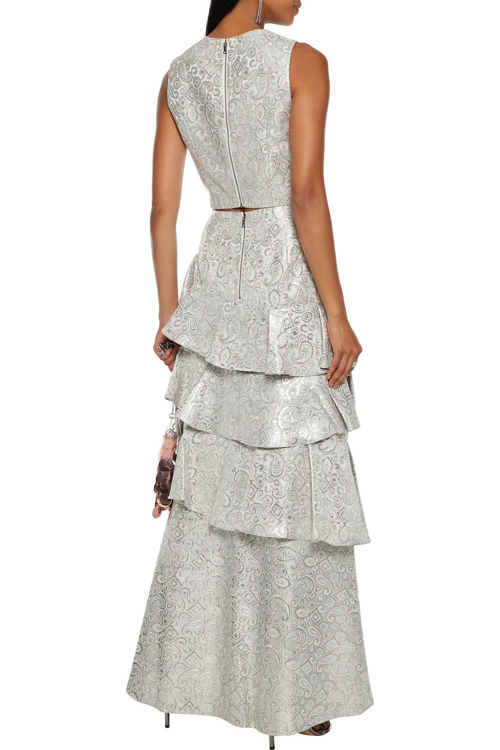 ALICE + OLIVIA Flossie tiered metallic brocade maxi skirt