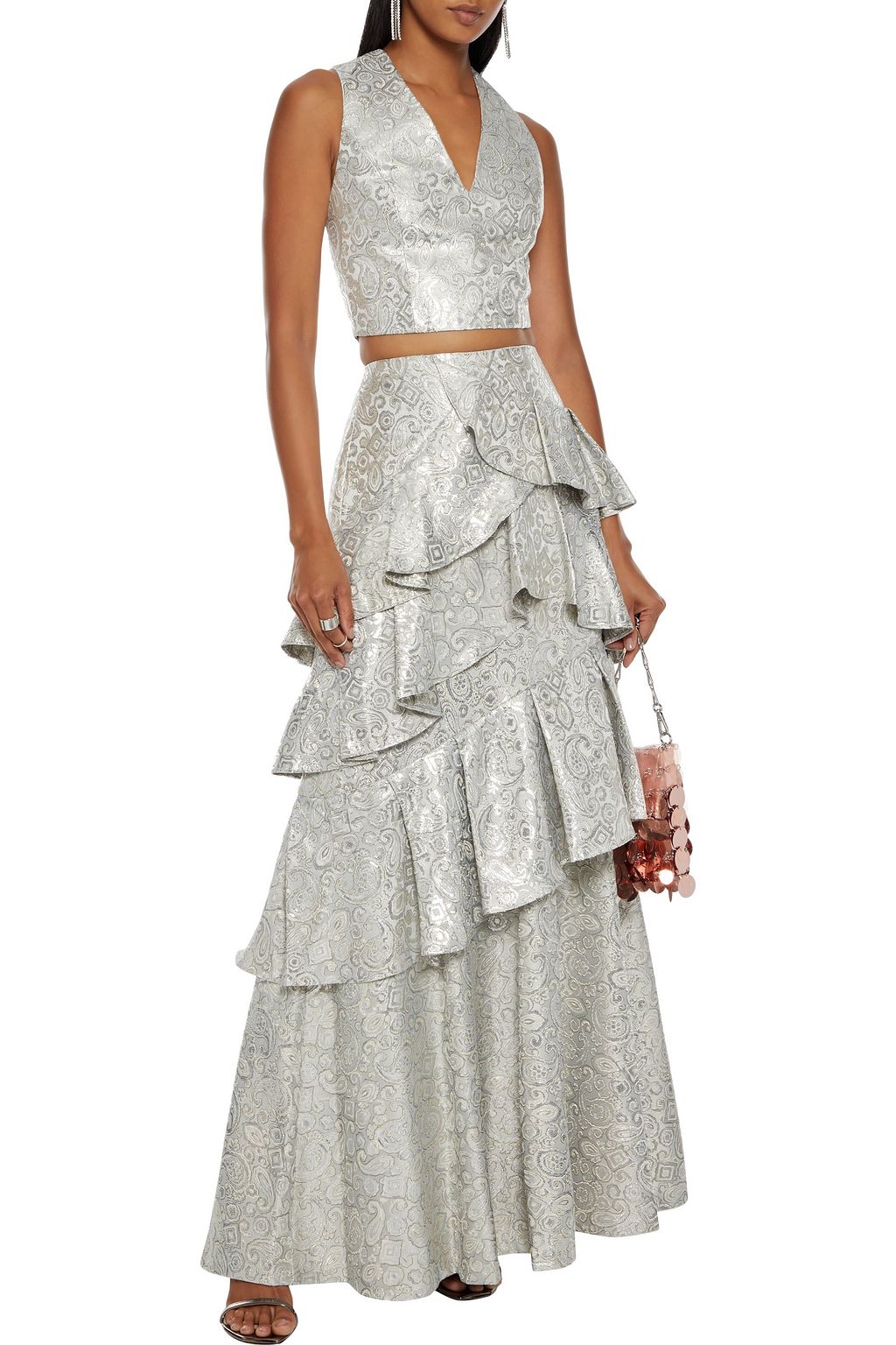 ALICE + OLIVIA Flossie tiered metallic brocade maxi skirt