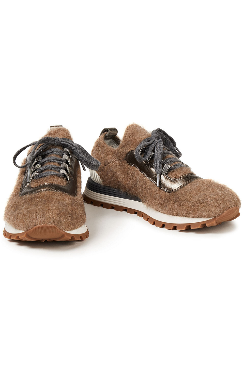 BRUNELLO CUCINELLI LEATHER-TRIMMED BEAD-EMBELLISHED BRUSHED STRETCH-KNIT SNEAKERS