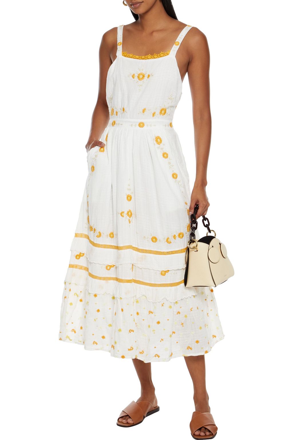 LOVESHACKFANCY Asher embroidered gathered cotton-jacquard midi dress