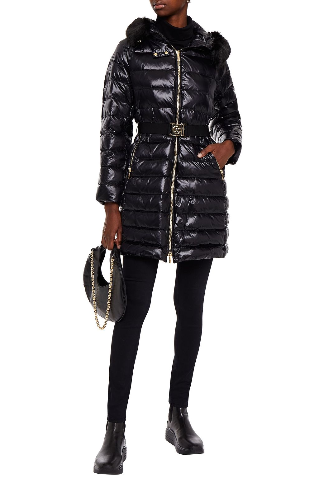 MICHAEL MICHAEL KORS フェイクファートリム キルティンググロスシェル加工生地 フード付きジャケット