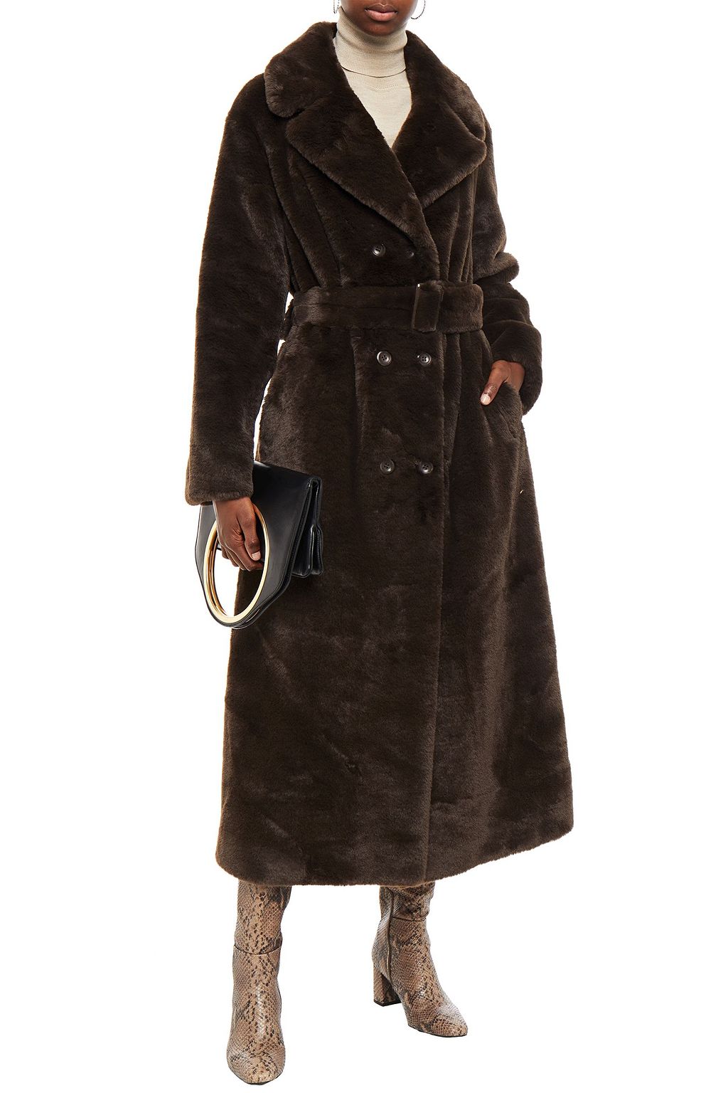 STAND STUDIO Faustine belted double-breasted faux fur coat