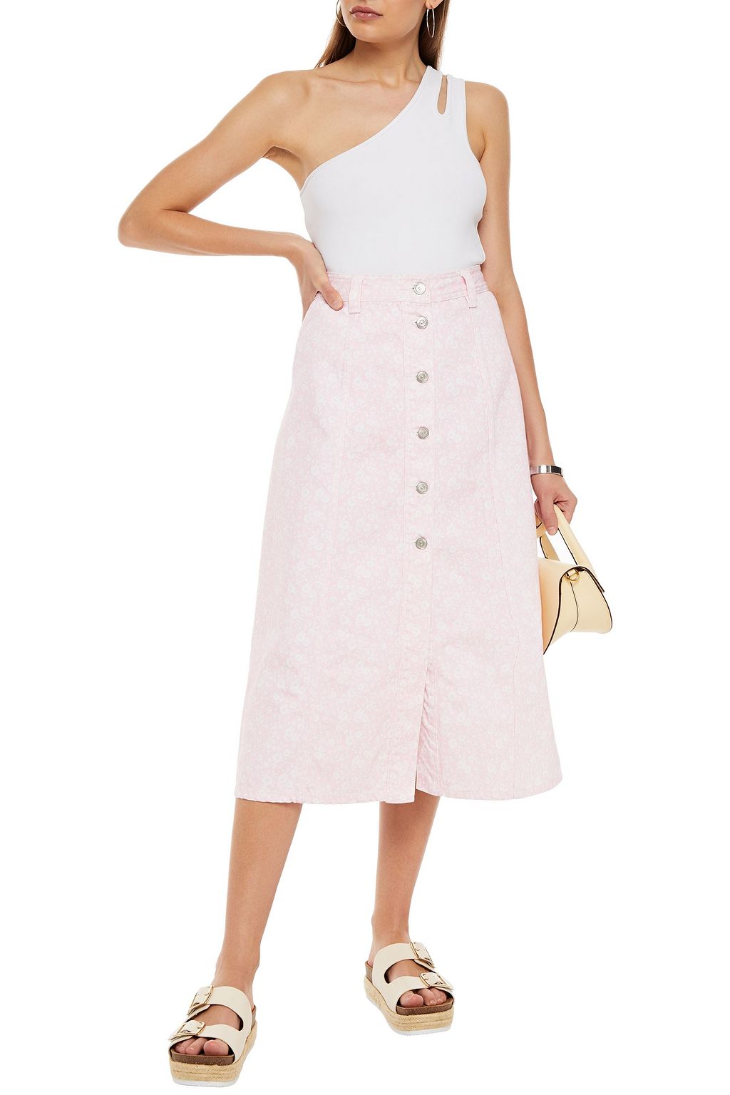 GANNI Floral-print denim midi skirt