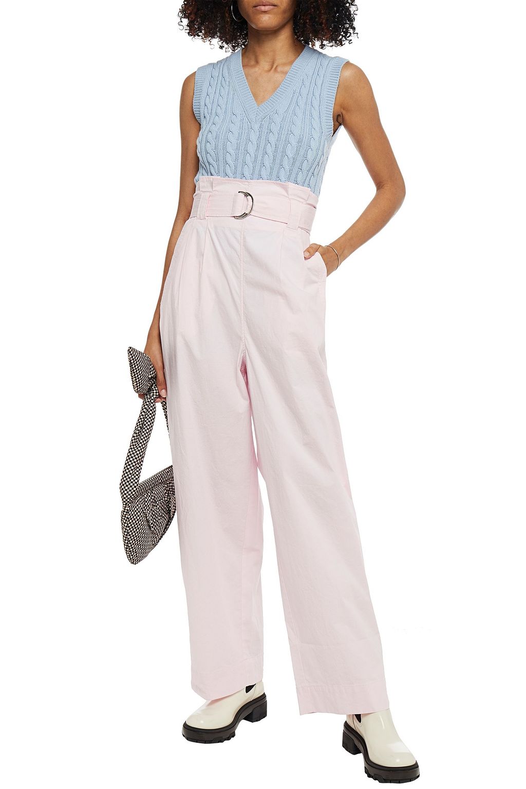 GANNI Belted pleated textured cotton-blend wide-leg pants