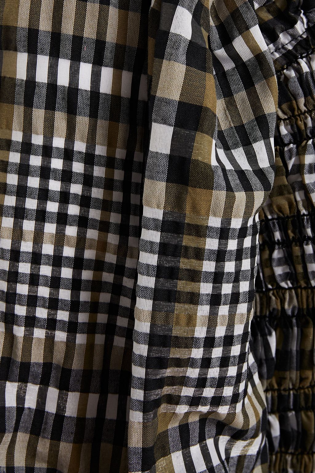 GANNI Shirred checked cotton-blend seersucker blouse