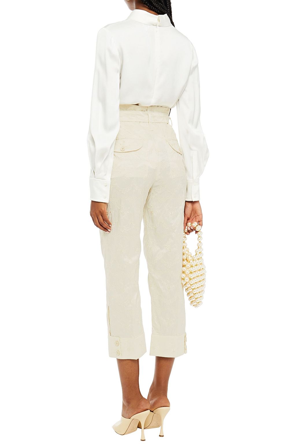 SIMONE ROCHA Cropped belted embroidered taffeta straight-leg pants
