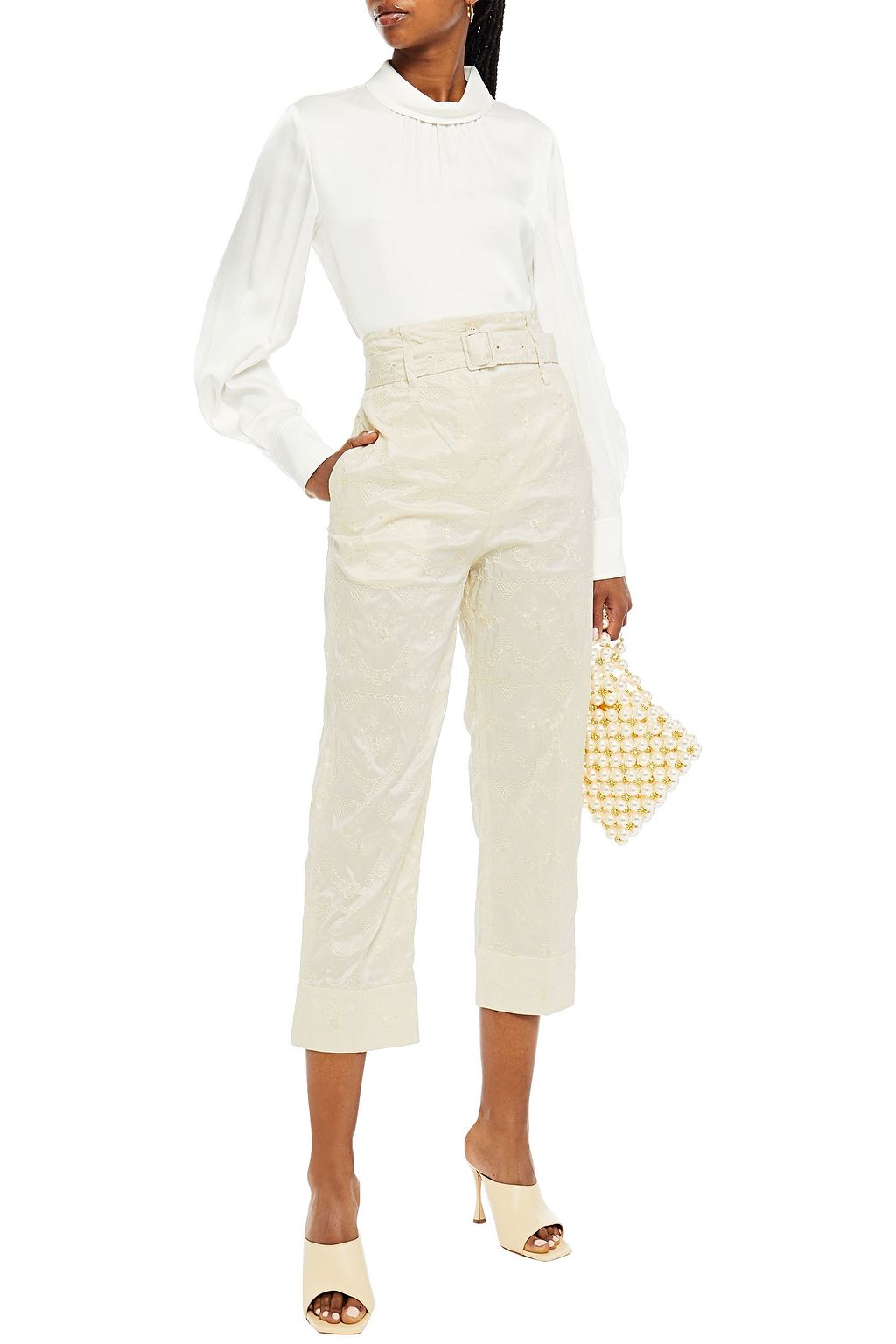 SIMONE ROCHA Cropped belted embroidered taffeta straight-leg pants