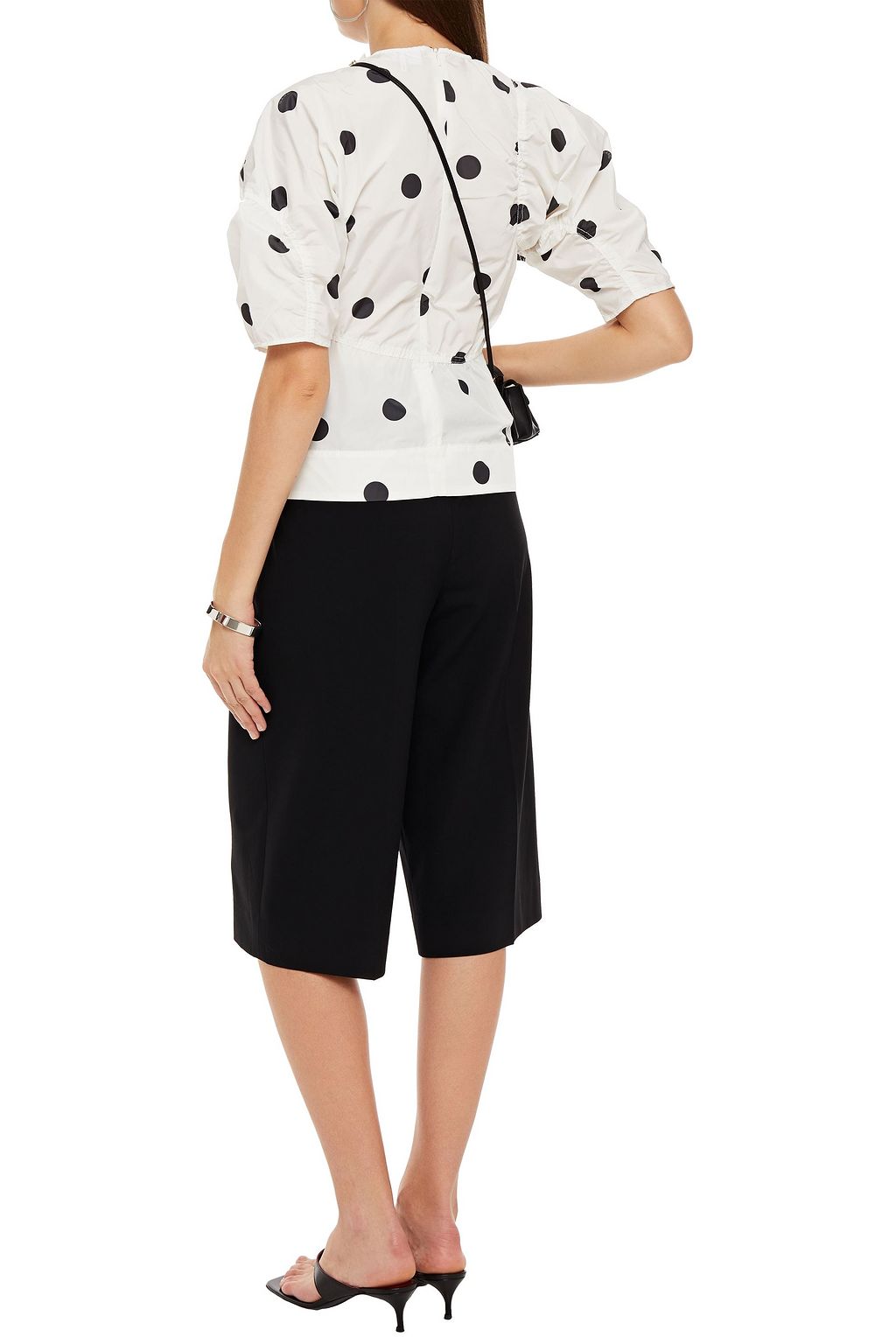 GANNI Button-detailed ruched polka-dot shell top