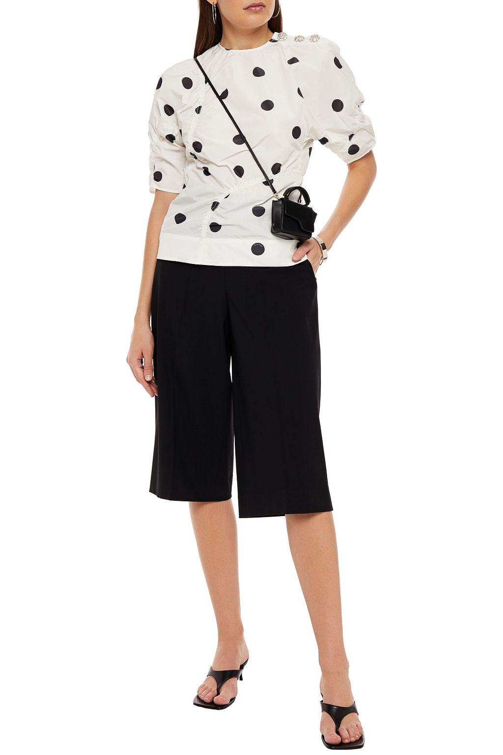 GANNI Button-detailed ruched polka-dot shell top