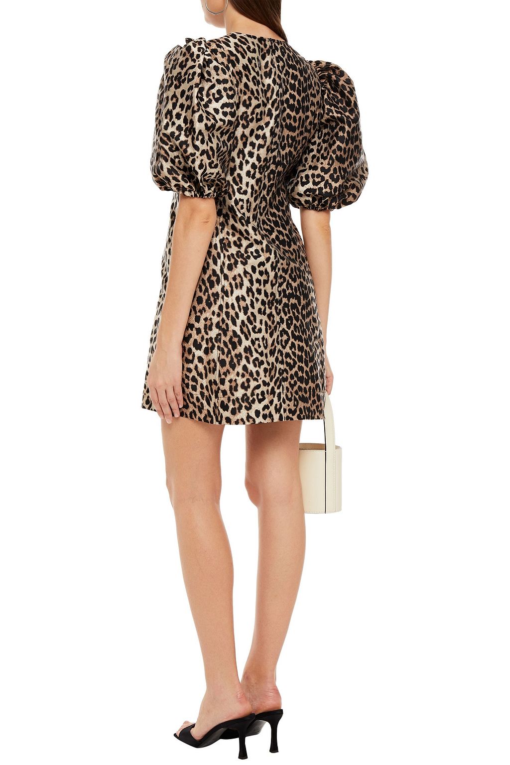 GANNI Gathered leopard-jacquard mini dress