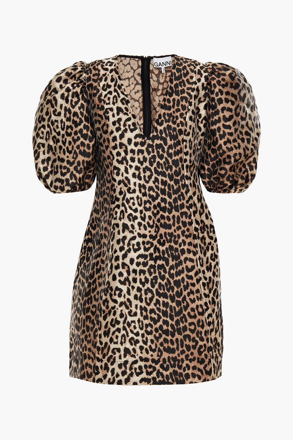ganni - gathered leopard-jacquard mini dress - animal print - eu 38