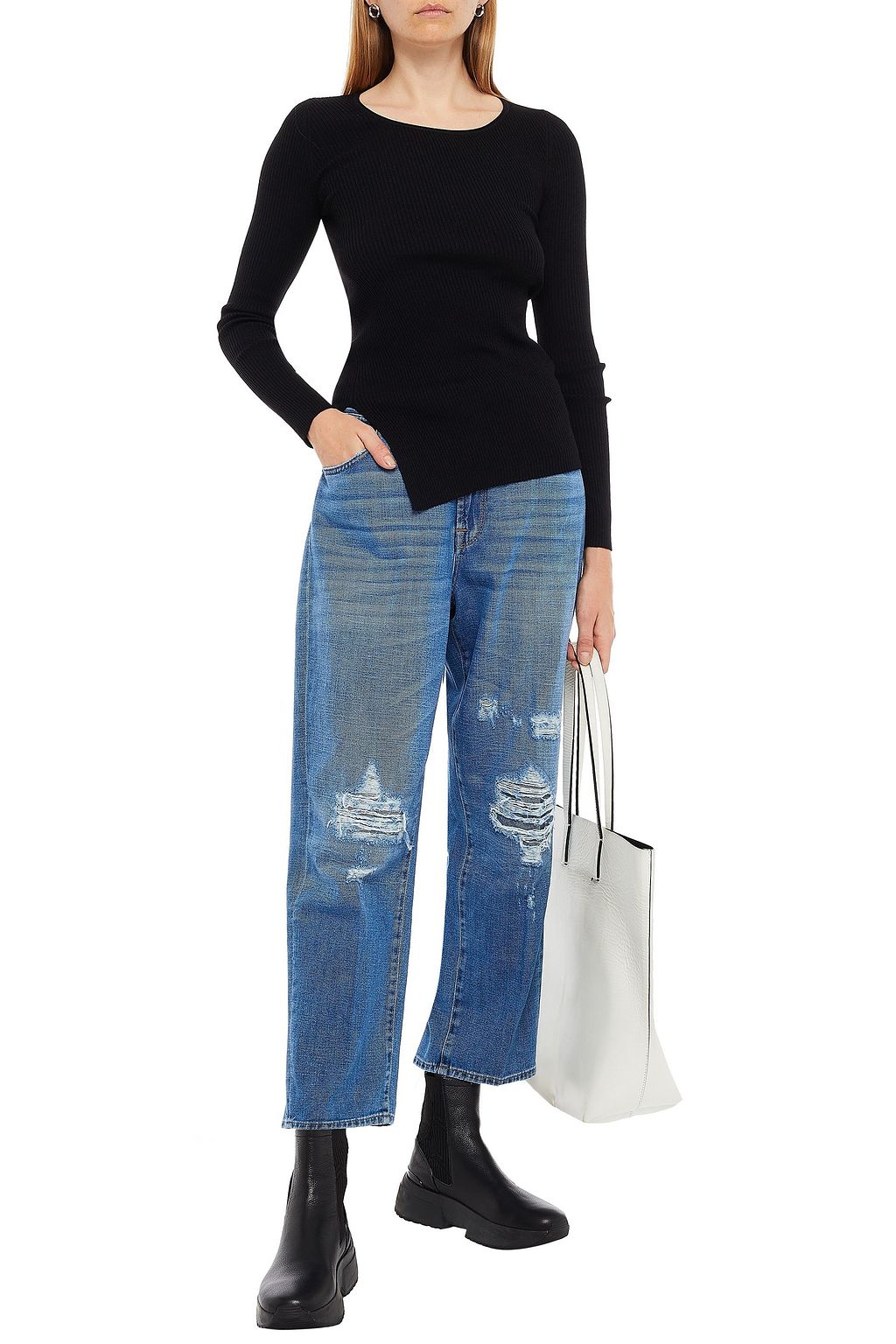 7 FOR ALL MANKIND Cropped distressed high-rise straight-leg jeans