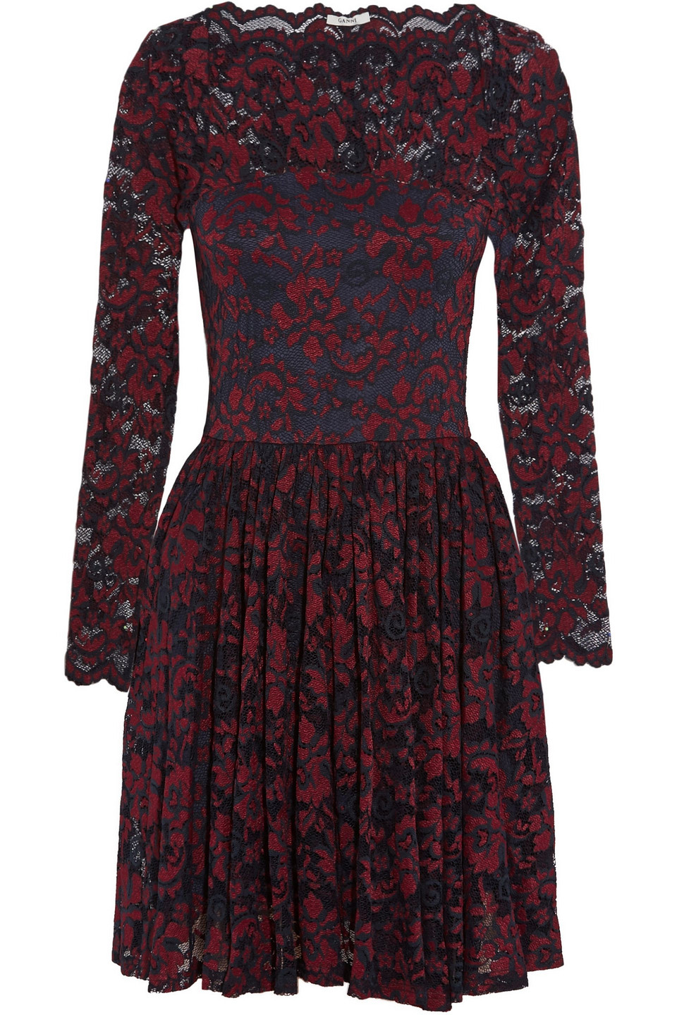 ganni - pleated lace mini dress - burgundy - m