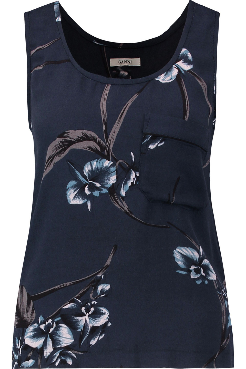 ganni - floral-print crepe top - blue - xs