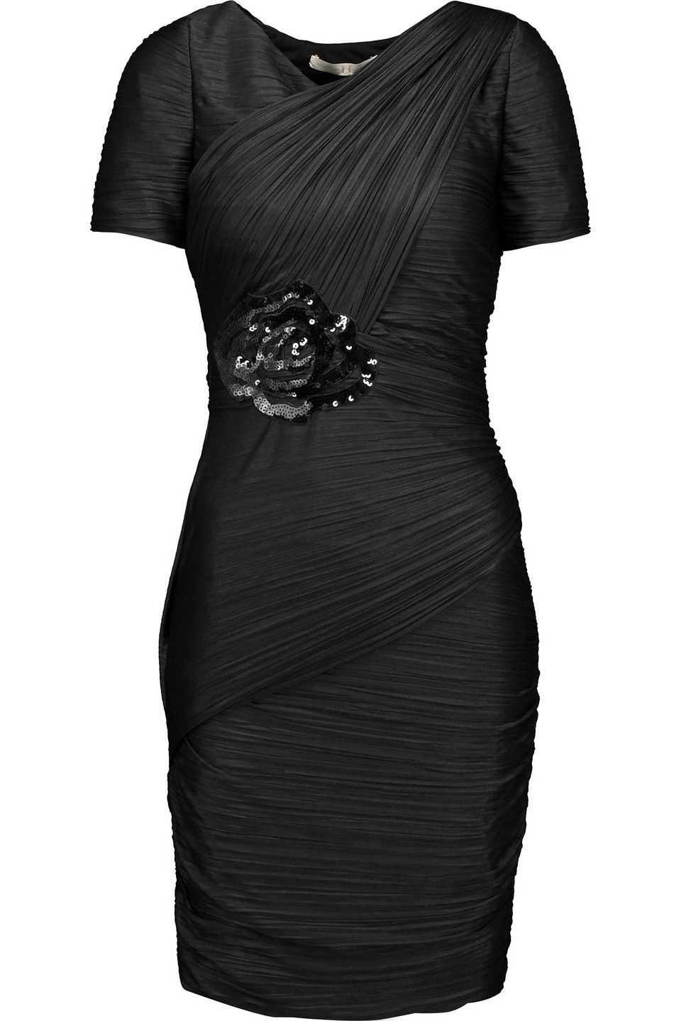 halston - embellished ruched plissé stretch-satin dress - black - s