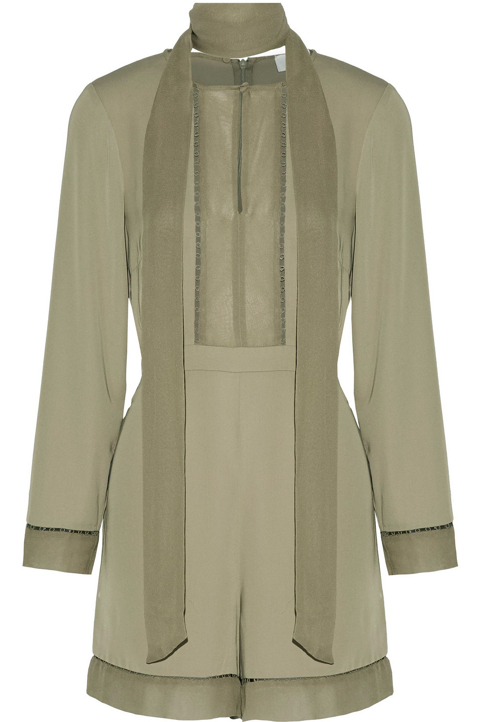 zimmermann - pussy-bow silk chiffon-paneled crepe playsuit - green - 2