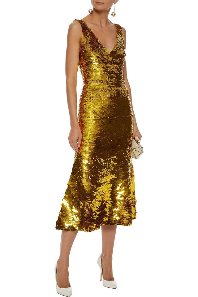 Gold Sequined silk-blend organza midi dress | Sale up to 70% off | THE OUTNET | OSCAR DE LA 