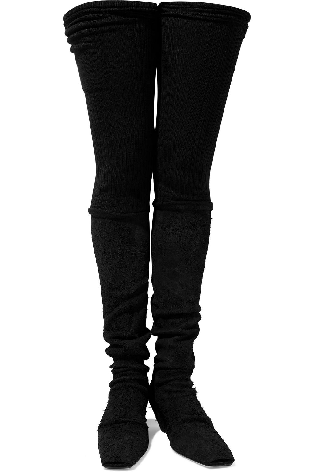 RICK OWENS Ribbed-knit and suede thigh boots