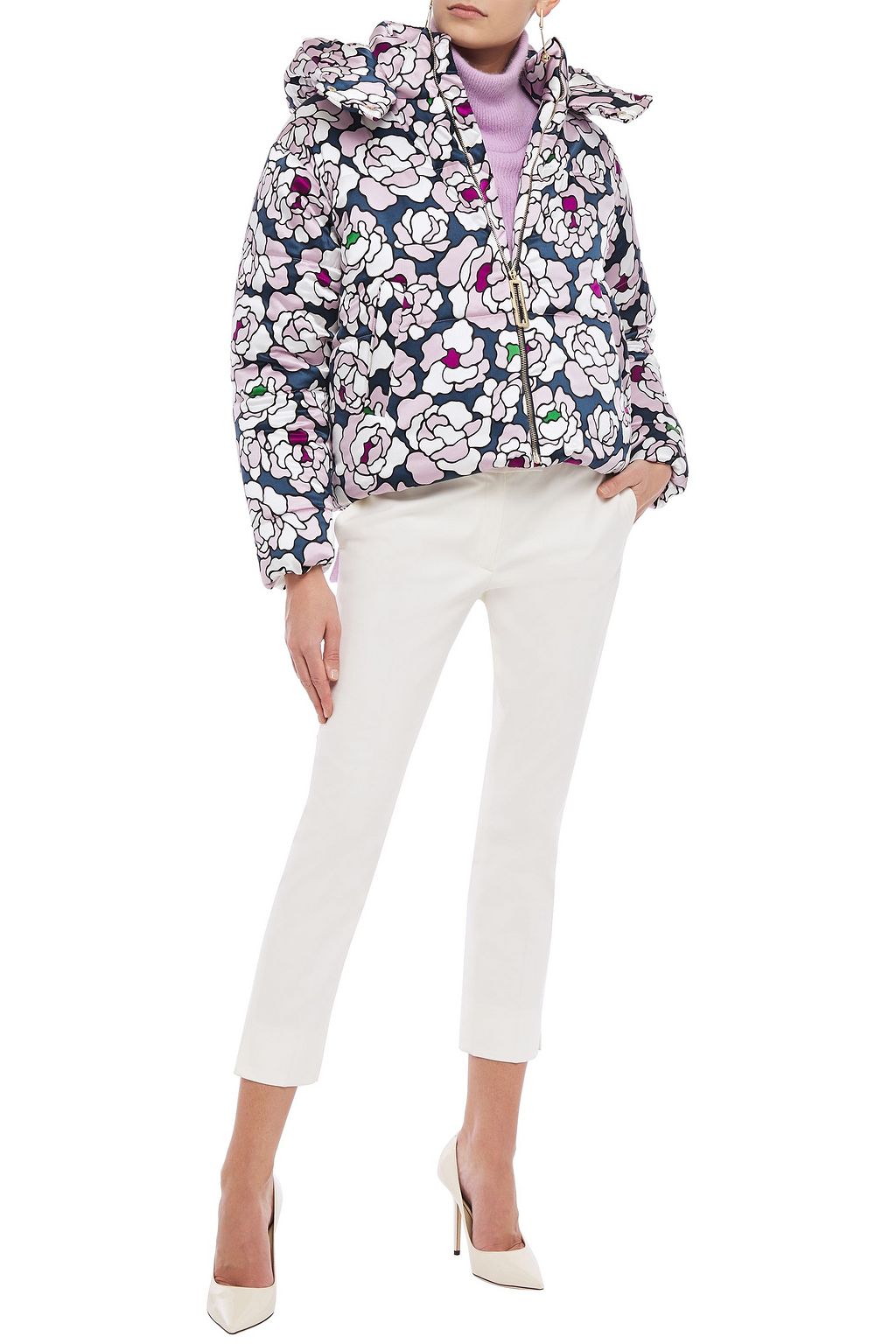 OLIVIA VON HALLE Quilted floral-print silk-satin hooded down coat