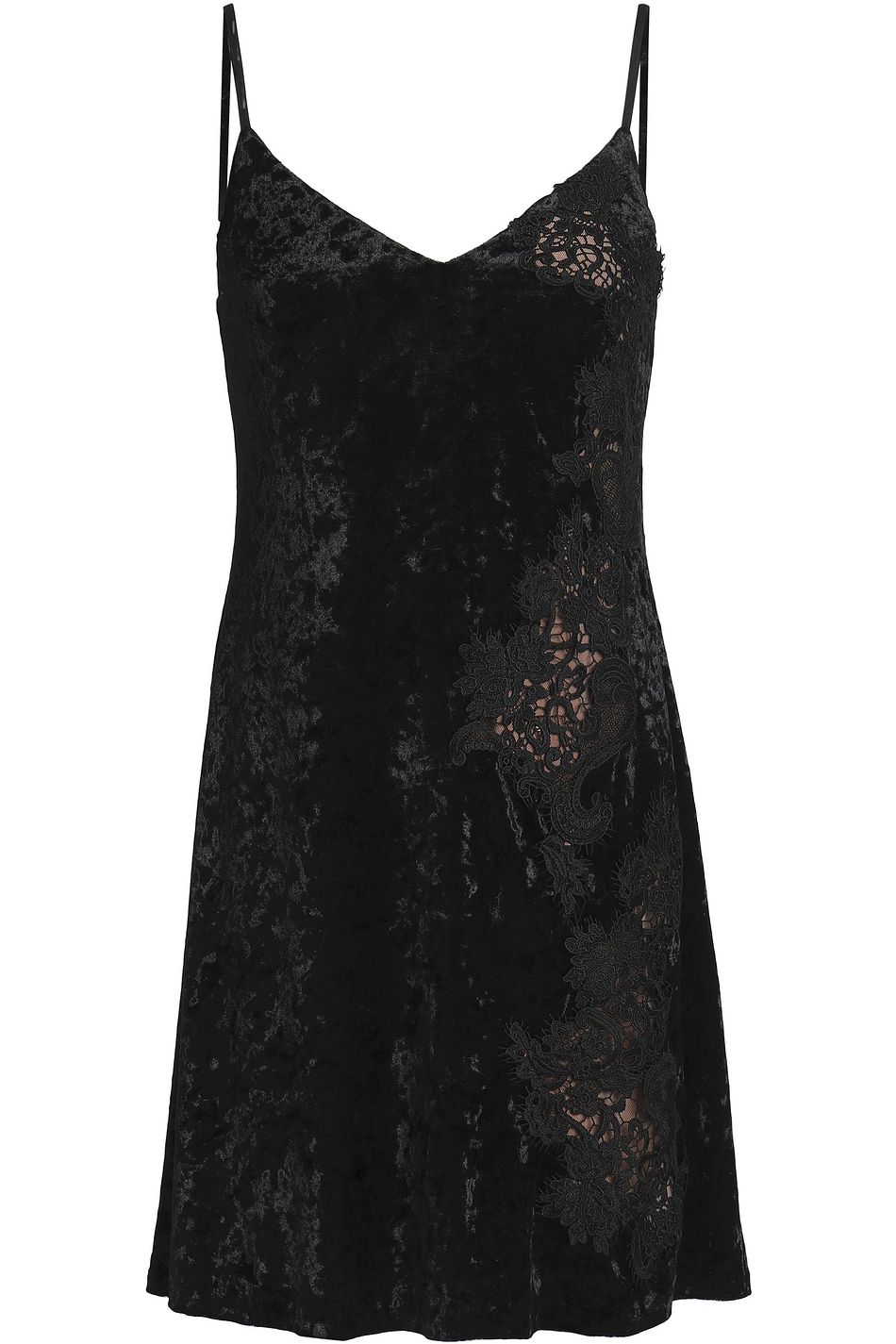 Black Casting Couch Guipure Lace Paneled Crushed Velvet Mini Dress