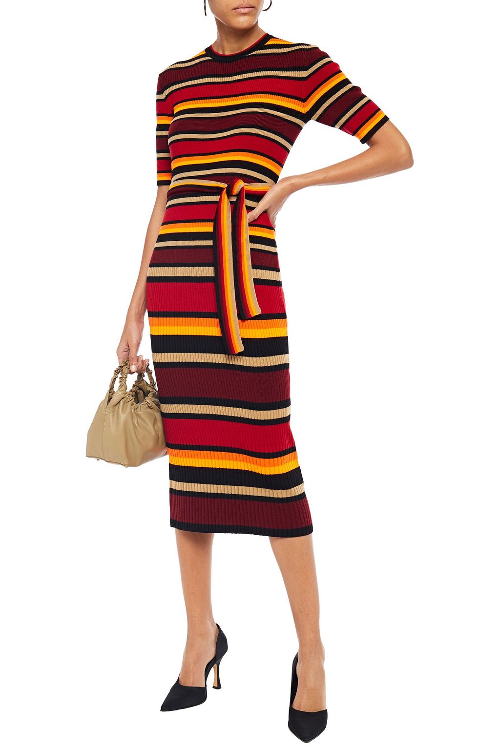 VICTORIA, VICTORIA BECKHAM Belted striped ribbed wool-blend midi dress