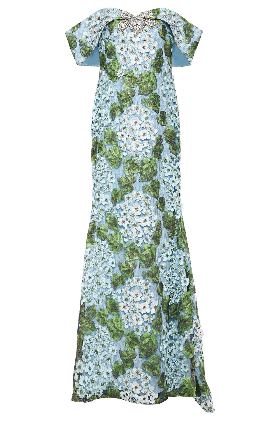 Badgley Mischka Woman Off-the-shoulder Embroidered Lace Gown Light Blue Size 4