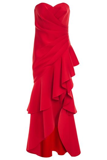 badgley mischka strapless ruffle scuba gown