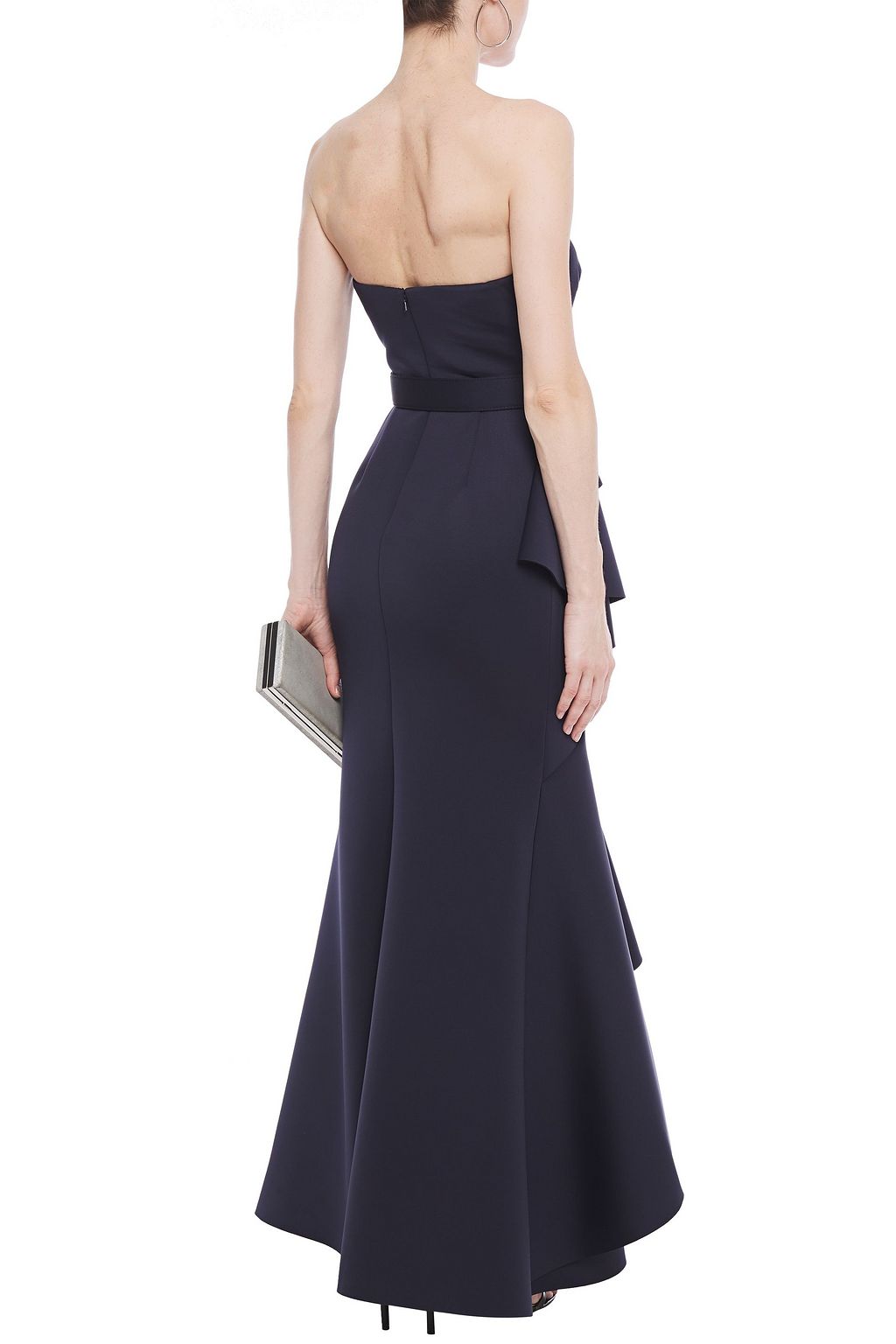 BADGLEY MISCHKA Strapless belted ruffled scuba gown