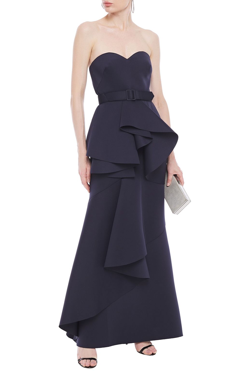BADGLEY MISCHKA Strapless belted ruffled scuba gown