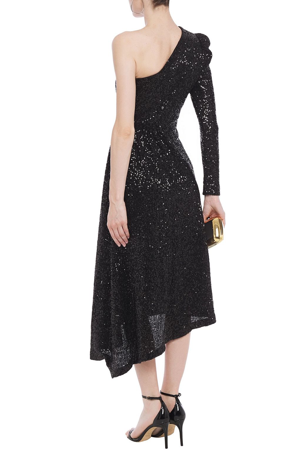 REBECCA VALLANCE Asymmetric one-shoulder sequined tulle midi dress