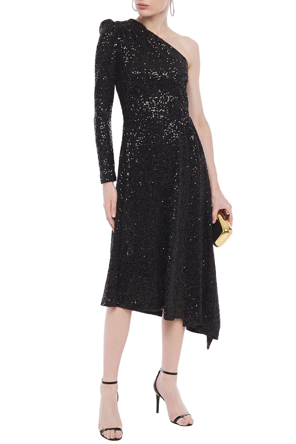 REBECCA VALLANCE Asymmetric one-shoulder sequined tulle midi dress