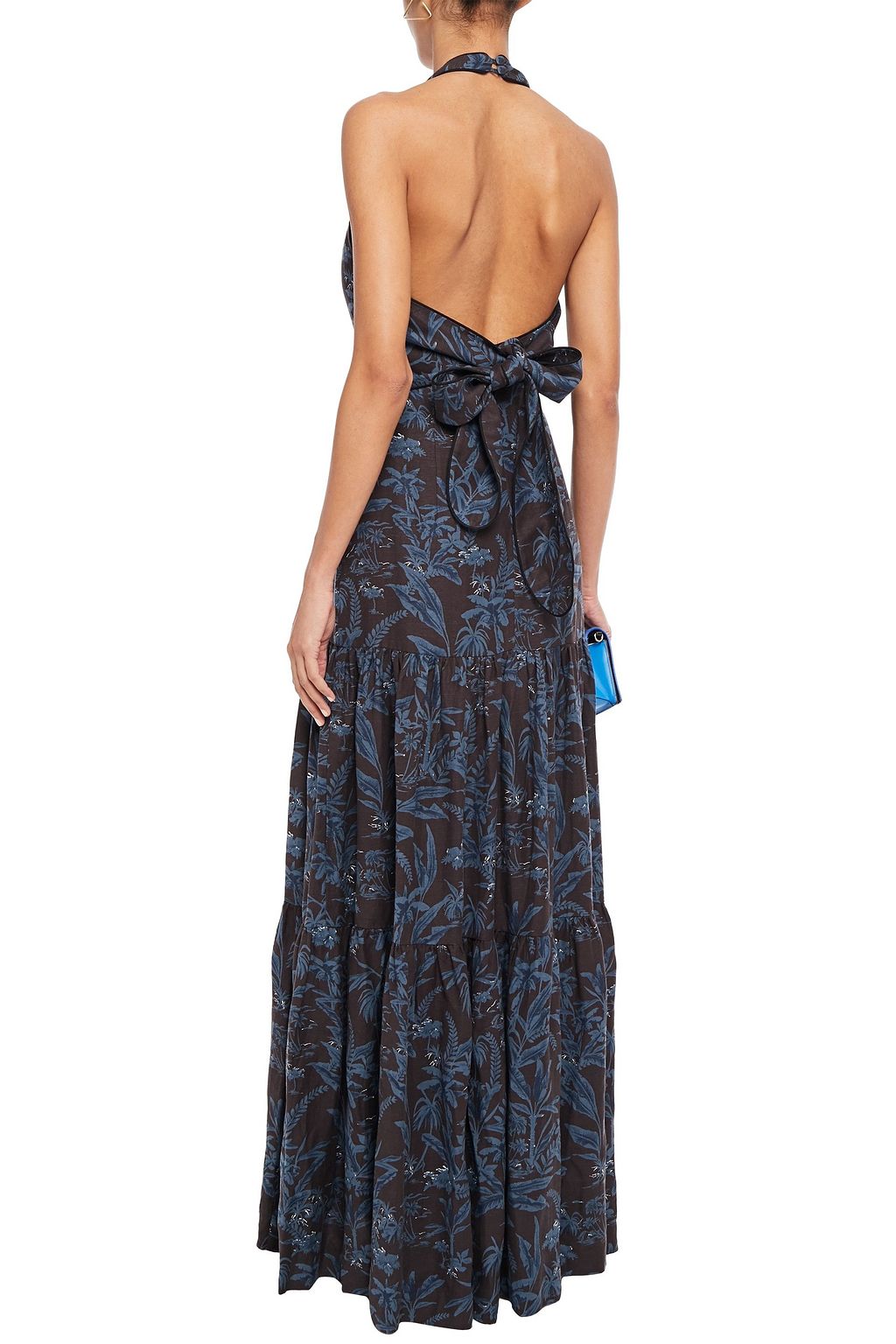 REBECCA VALLANCE Tiered printed linen-blend halterneck maxi dress