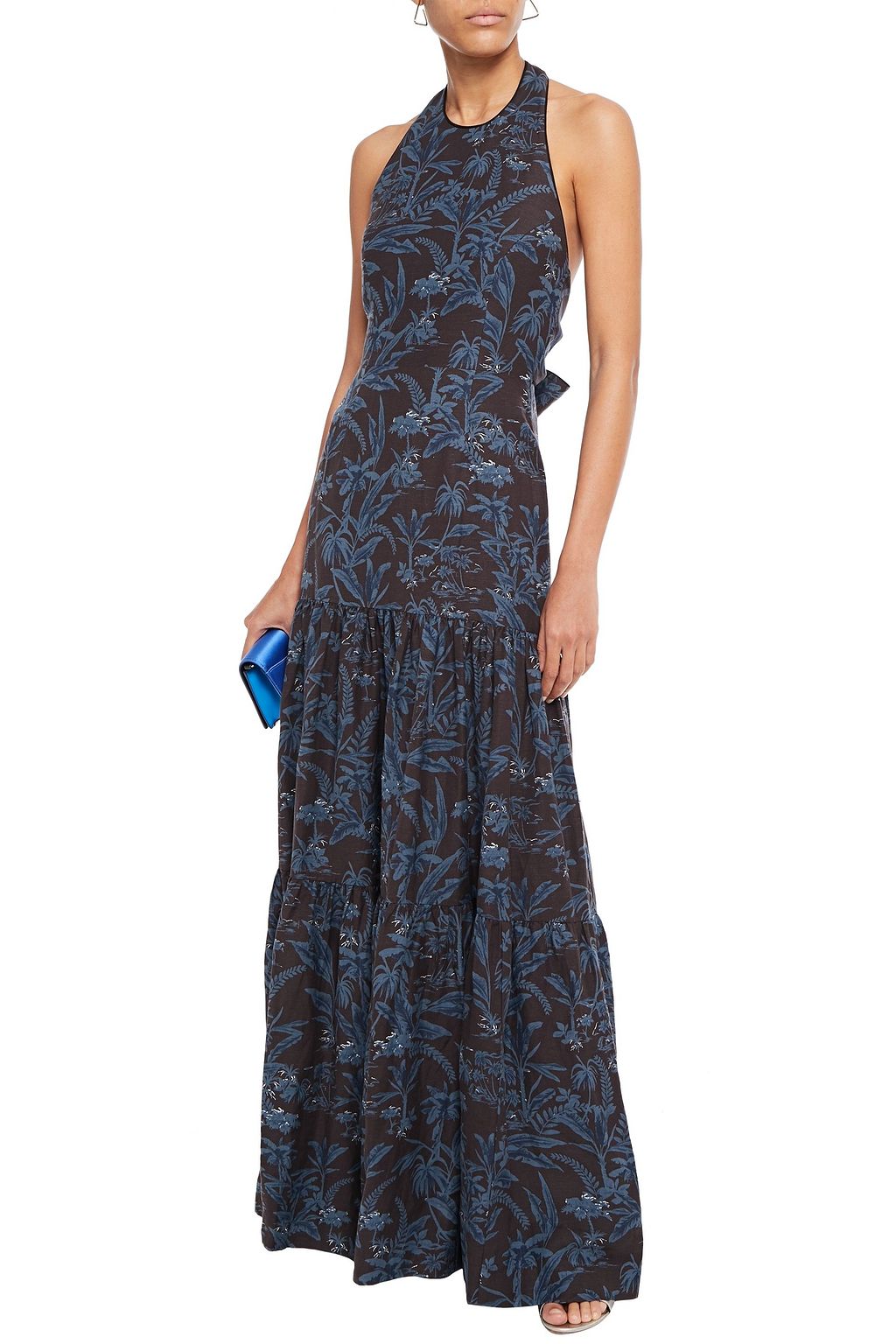 REBECCA VALLANCE Tiered printed linen-blend halterneck maxi dress