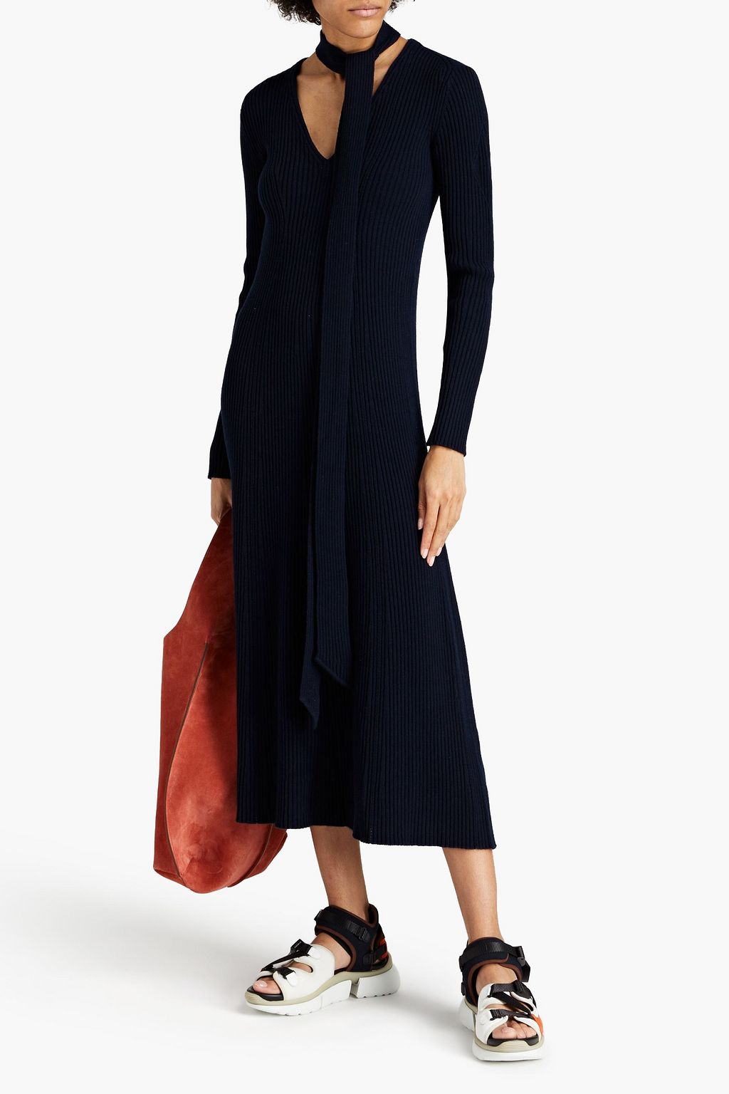 CHLOÉ Tie-neck ribbed wool and silk-blend midi dress