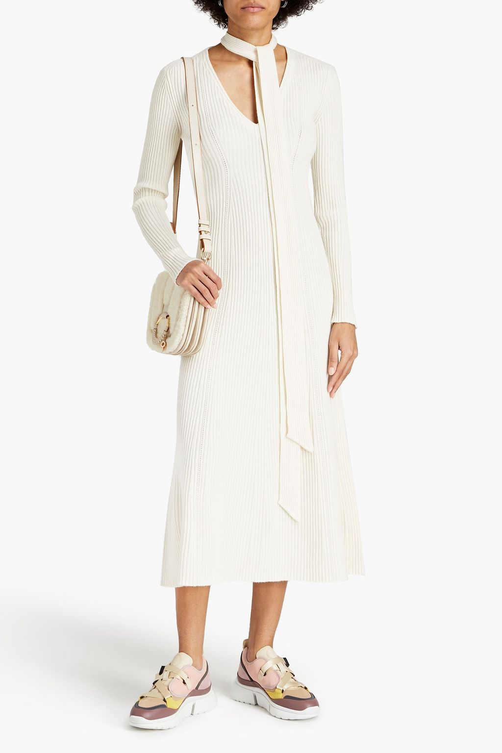 CHLOÉ Tie-neck ribbed wool and silk-blend midi dress