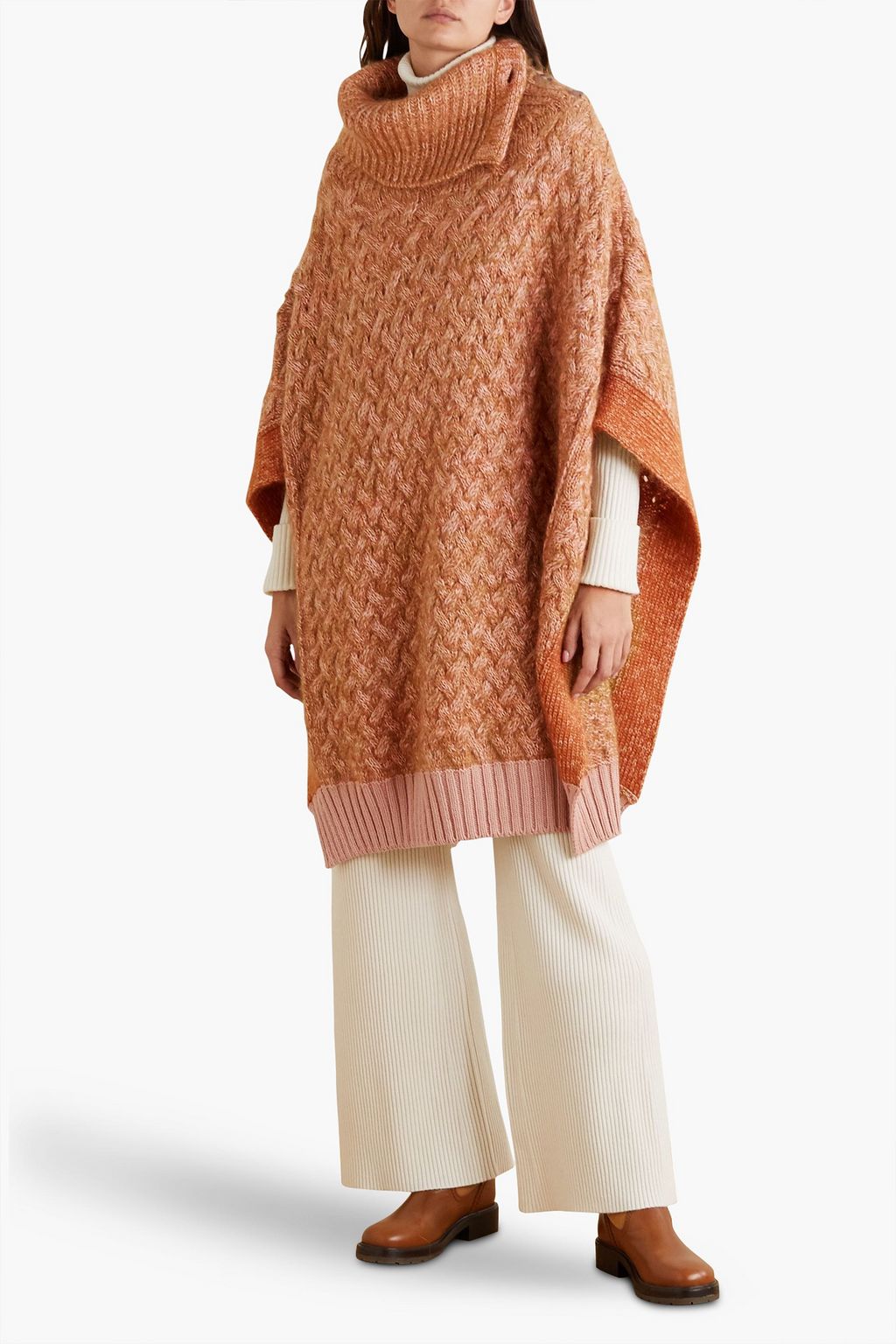 CHLOÉ Mélange cable-knit wool-blend turtleneck poncho