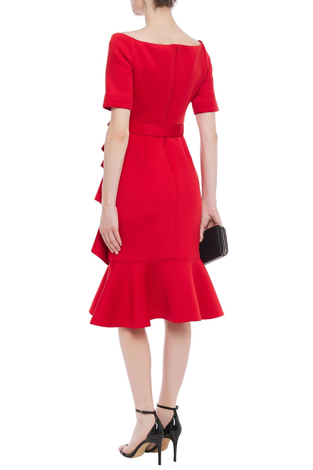 badgley mischka strapless ruffle scuba gown