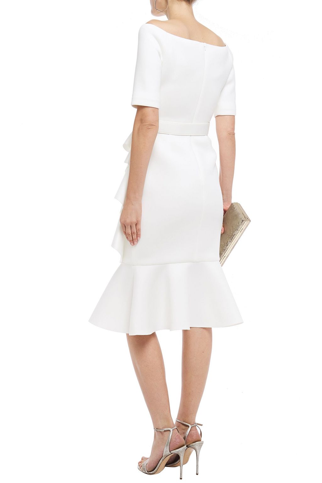 BADGLEY MISCHKA Belted wrap-effect ruffled scuba dress