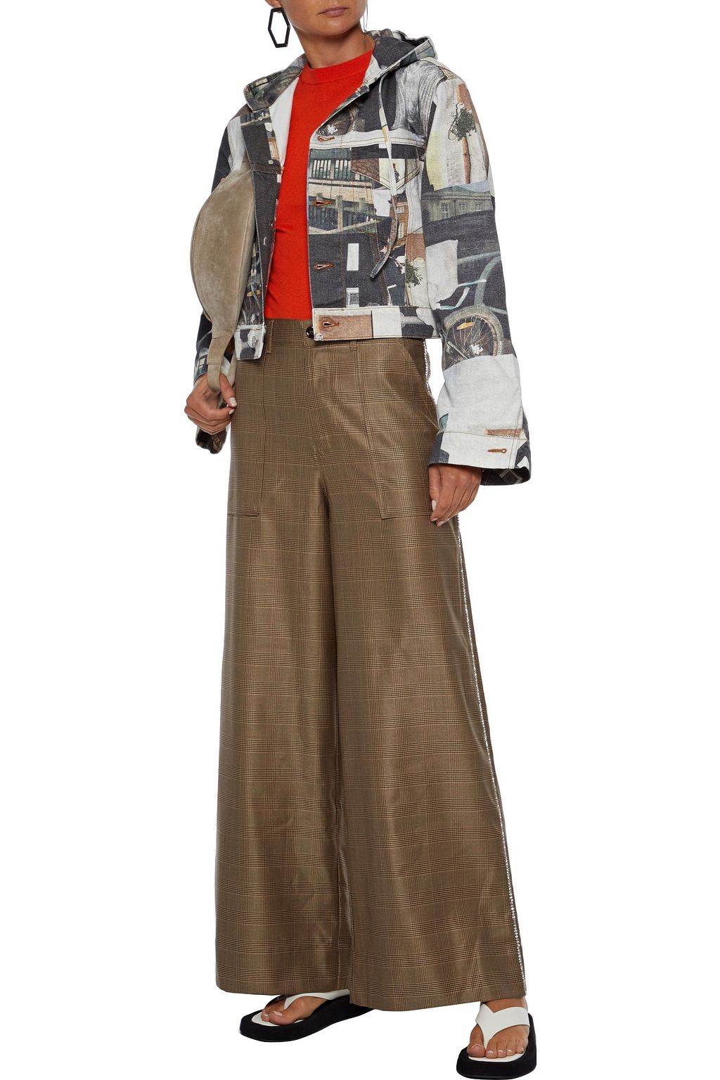 GANNI Merkel embellished Prince of Wales checked silk and wool-blend wide-leg pants