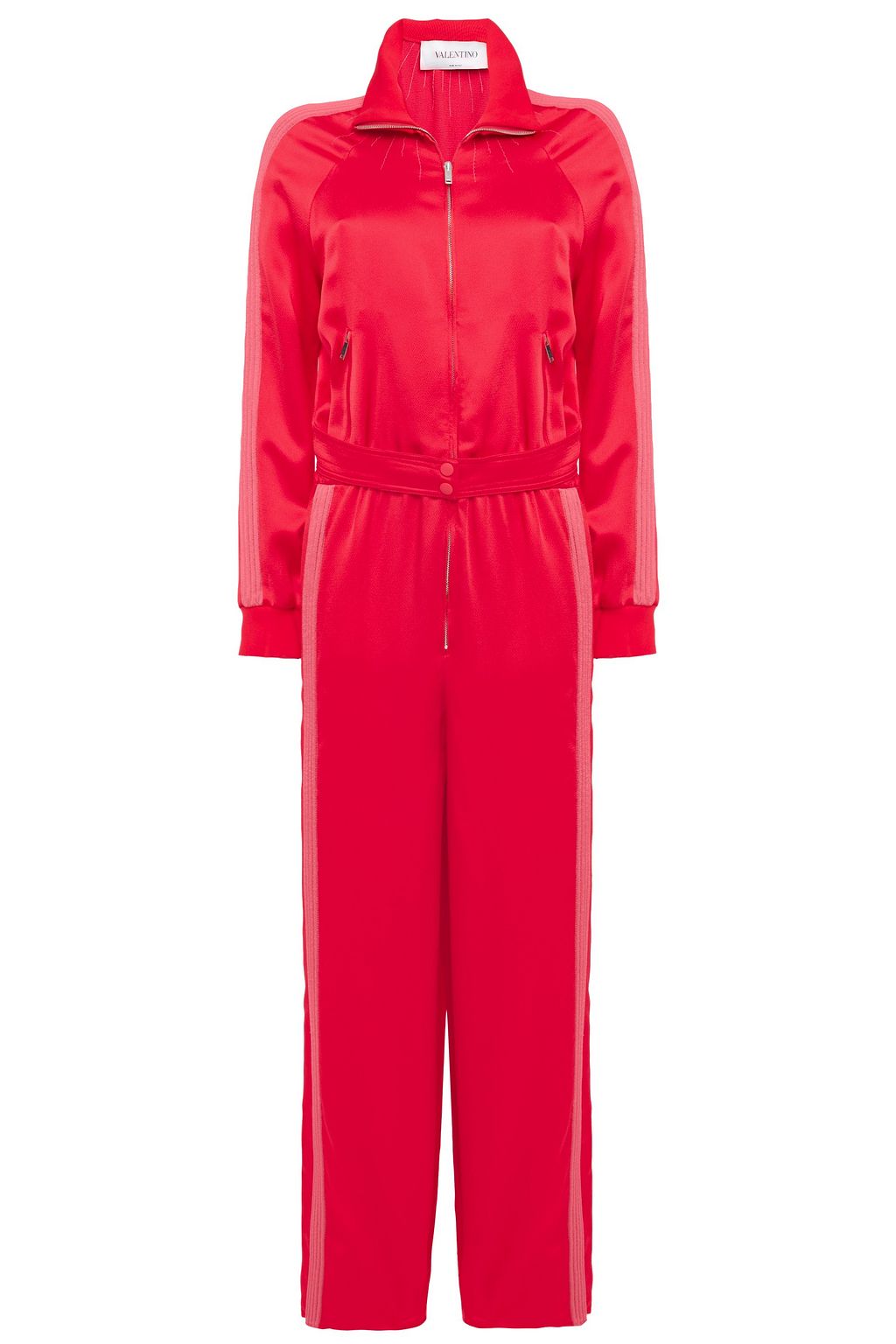 レッド ベルト付き ストライプサテンクレープ ジャンプスーツ The Outnet Valentino The Outnet