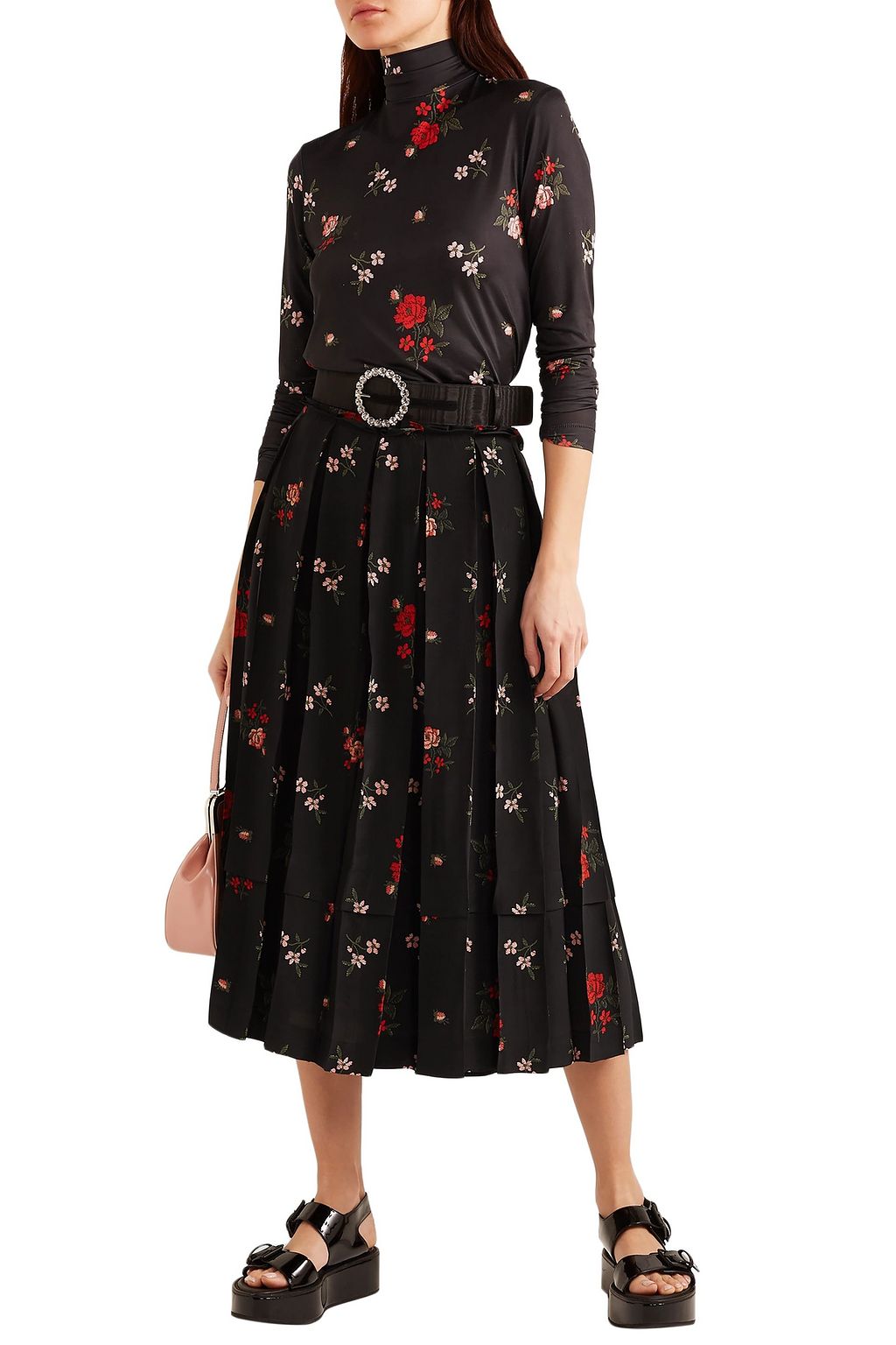 SIMONE ROCHA Pleated floral-print silk-crepe midi skirt