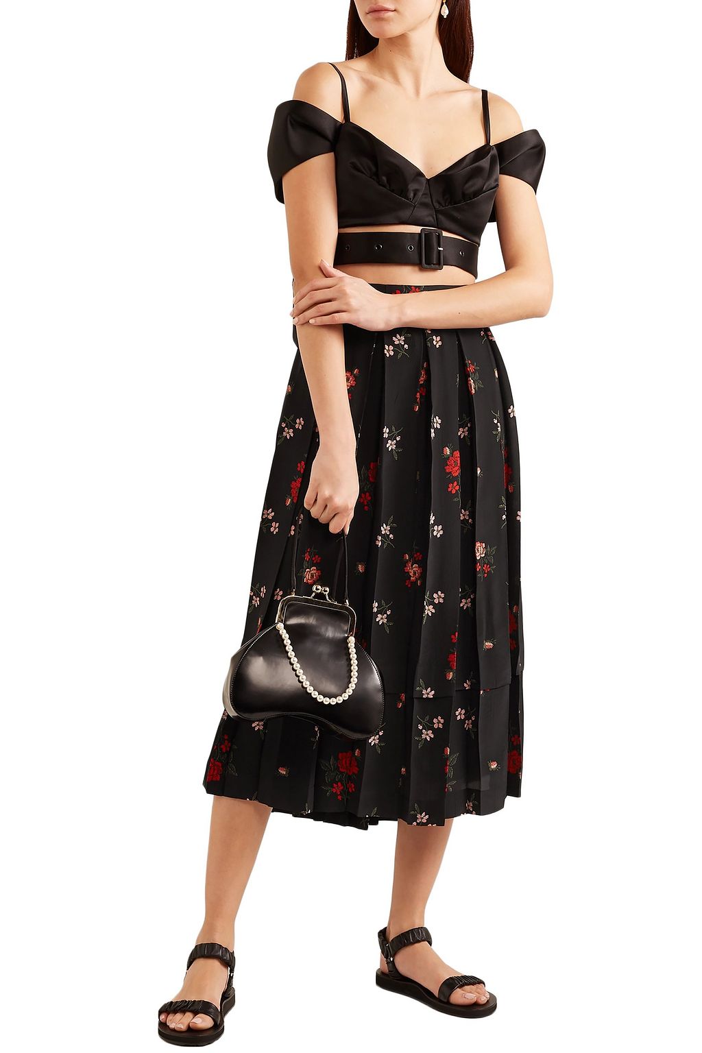 SIMONE ROCHA Pleated floral-print silk-crepe midi skirt