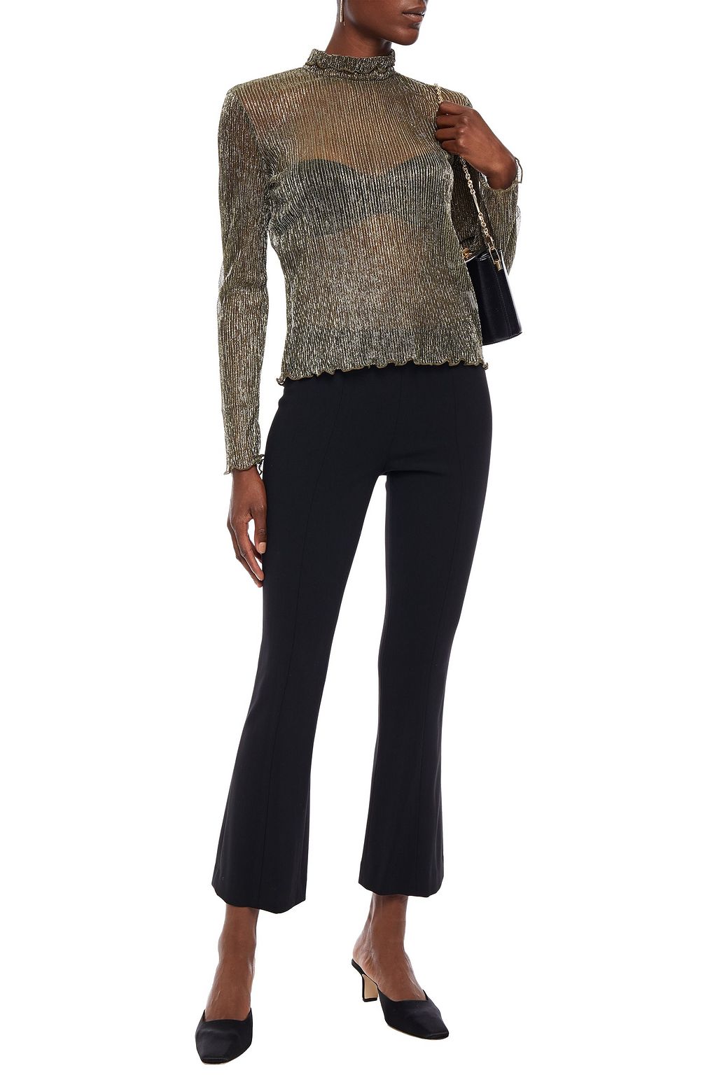 JOIE Elmeria ruffle-trimmed metallic ribbed-knit top