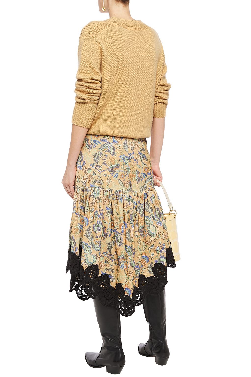 SEE BY CHLOÉ Guipure lace-trimmed floral-print cotton-corduroy midi skirt