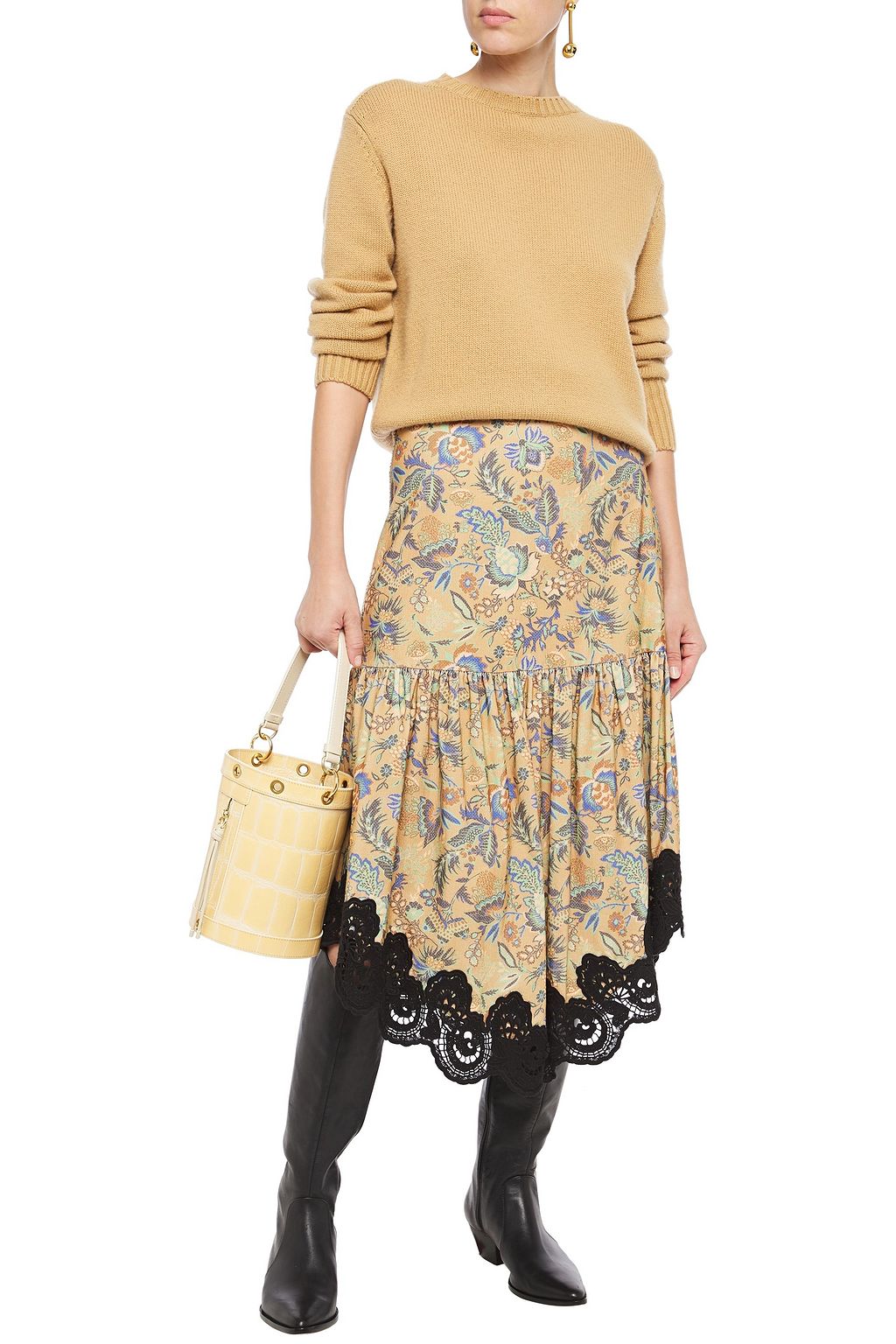 SEE BY CHLOÉ Guipure lace-trimmed floral-print cotton-corduroy midi skirt