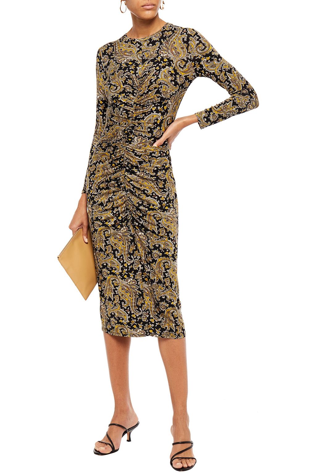 JOIE Ruched printed stretch-jersey midi dress